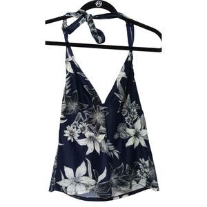 Kona Sol Women's Blue with White Floral design Tanikini Halter Top Large